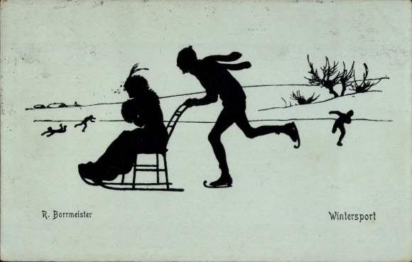 Paper cutting artist Postcard Borrmeister, R., winter sports, sledge chair, ice skater