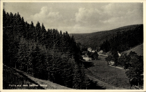 PC Rabenau in the Ore Mountains, Rabenauer Grund, landscape with forests, valley, and buildings, text: Par...