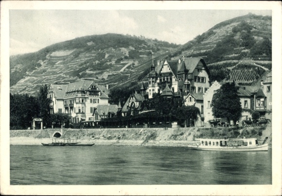Postcard Assmannshausen Rüdesheim am Rhein, view of the Gasthof Krone, vineyards in the background, Rhine