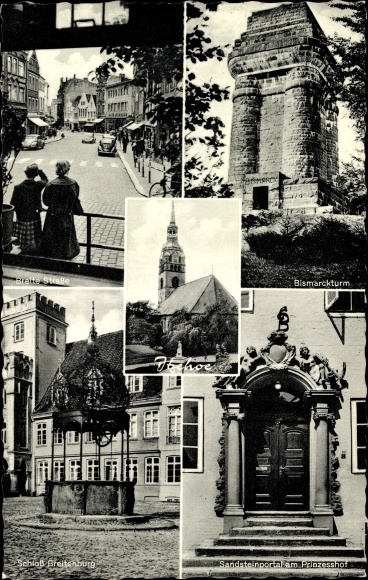 Postcard Itzehoe in Holstein, Breitenburg Castle, Bismarck Tower, Breite Strasse, Princess Courtyard, Church