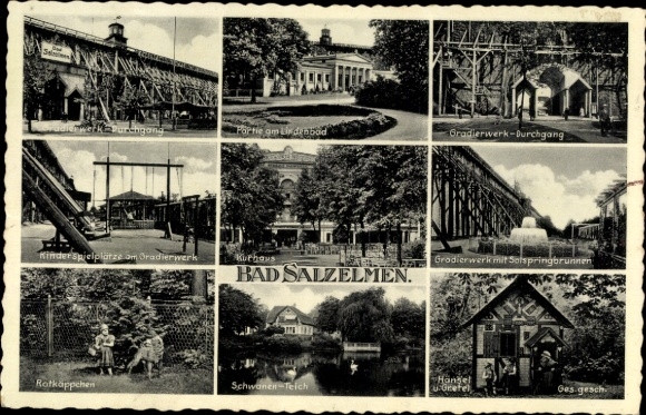 Postcard Salzelmen Schönebeck an der Elbe, Victoriaquelle, graduation tower, parking garage, Lindenbad, spa house