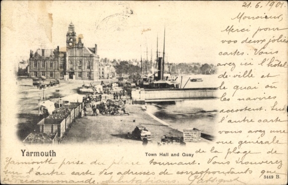 Ak Yarmouth Norfolk England, Stadtansicht mit Rathaus, Kaianlage, Schiffen und Hafenaktivitäten