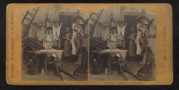 Stereo photo, colorized, butcher at work