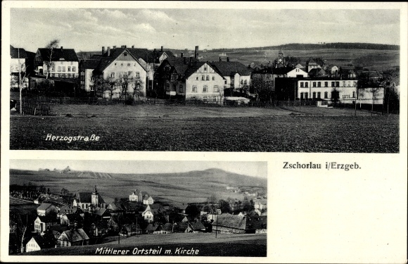 Postcard Zschorlau in the Ore Mountains, Herzogstraße, middle district with church
