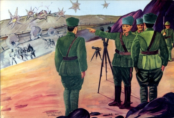 Artist Postcard Battlefield, soldiers in uniforms, Turkish army, artillery