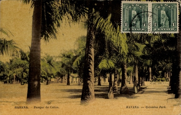 PC Havana Habana Cuba, Parque de Colon, palm trees, statues, stamps