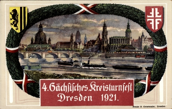 Passepartout Wappen Ak Dresden, 4. Sächsisches Kreisturnfest 1921, Friedrich August Brücke