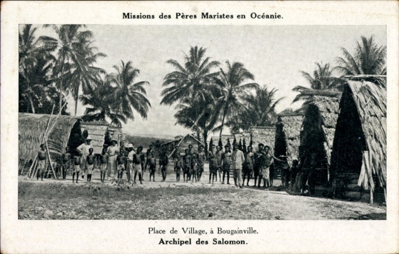 Postcard Bougainville Solomon Islands Pacific, village square, Marist Fathers Missions
