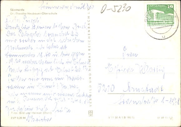 Postcard Sömmerda in Thuringia, Dr. Theodor Neubauer High School