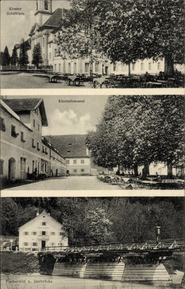 Ak Schäftlarn Opper-Beieren, Schäftlarn-klooster, kloosterbrouwerij, Fischerwirt, Isarbrug