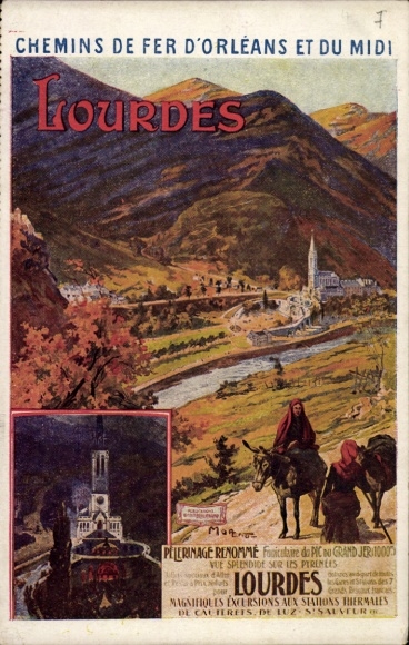 Kunstenaarsbriefkaart Lourdes, Chemin de fer d'Orléans et du Midi, reclame