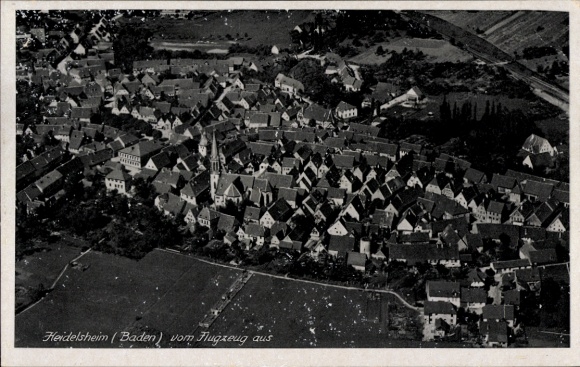 Postcard Heidelsheim Bruchsal in Kraichgau, aerial view of Heidelsheim, many houses, church to be seen