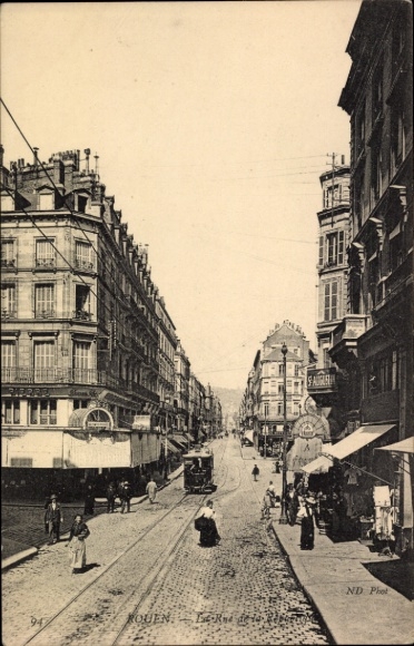 Postcard Rouen Seine Maritime, street with rails, buildings, people, advertising, ND Phot