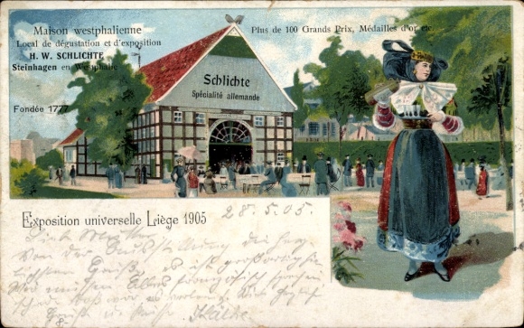 Postcard World Exhibition Liège 1905, Westphalian House, HW Schlichte, Steinhagen, woman in traditional costume