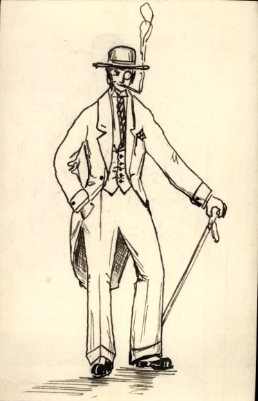 Postcard Man in Tailcoat, Walking Stick