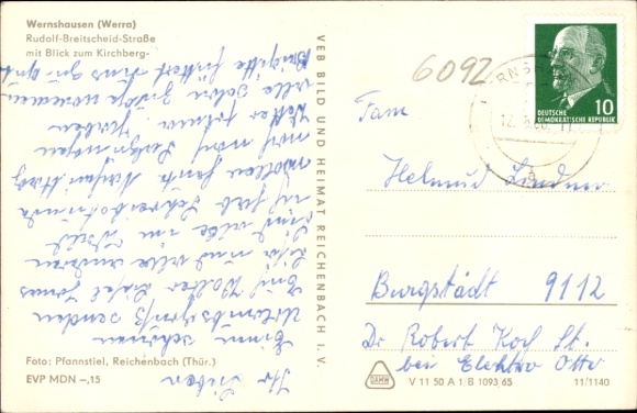 Postcard Wernshausen Schmalkalden in the Thuringian Forest, Rudolf Breitscheid Street with a view of Kirchberg