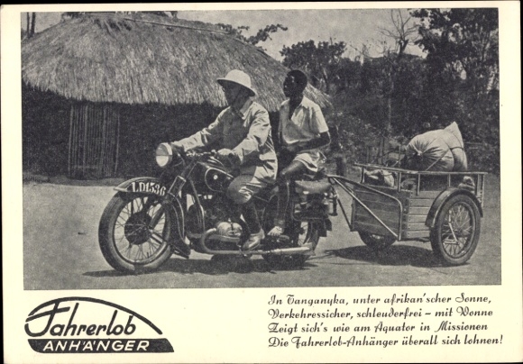 Postcard Driver's Praise Trailer, Motorcycle, Vehicle Construction Joh. Gemmecker, Großrinderfeld, Missionary