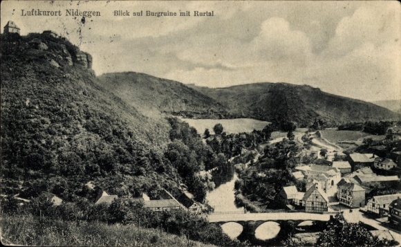 Postcard Nideggen in the Eifel, climatic health resort castle ruins, Rur valley, scenic view