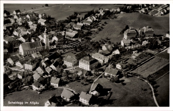 Postcard Scheidegg in Allgäu Swabia, aerial photograph