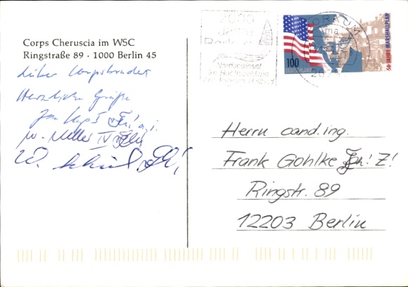 Studentika Postcard Berlin, Corps Cheruscia in the WSC, Ringstraße 89, coat of arms