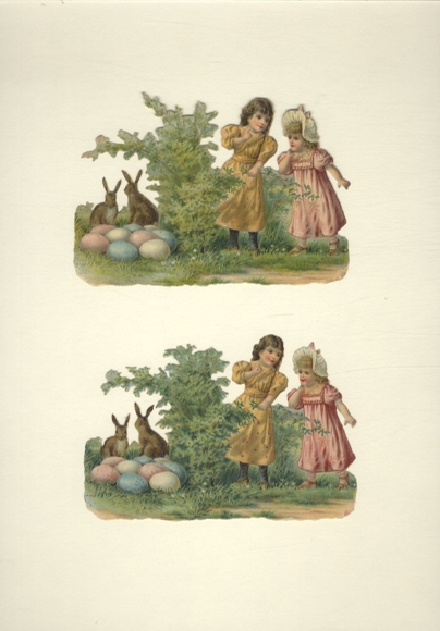 2 Oblaten Mädchen finden ein Osternest, Hasen, bunte Eier, Größe je ca. 8,5 x 13 cm