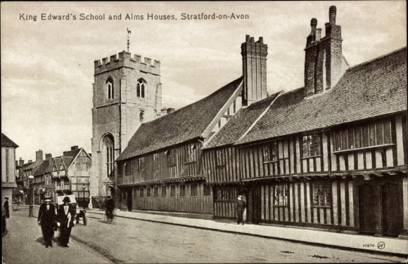 Ak Stratford upon Avon Warwickshire England, King Edwards Schule und Alms Häuser
