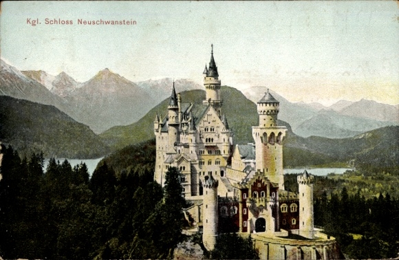 Postcard Hohenschwangau Schwangau in the Ostallgäu, Neuschwanstein Castle, Royal impressive fairytale castle