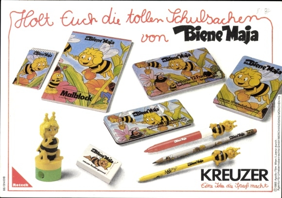 Timetable Kreuzer school supplies, Maya the Bee figures, pens, erasers around 1980
