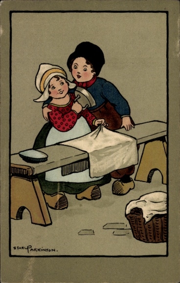 Künstler Ak Parkinson, Mädchen beim Bügeln, Liebespaar, Bügeleisen