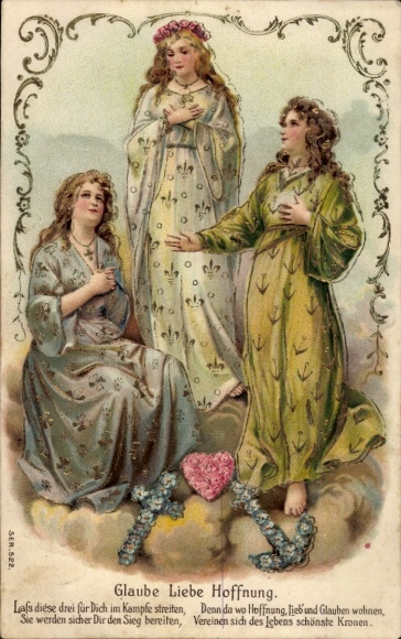 Postcard three women in prayer, faith love hope