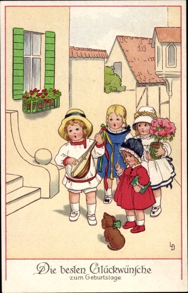 Artist PC Döring, Lia, birthday, children with flowers, lute, dachshund, Meissner book 2301