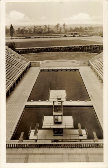 Postcard Berlin Reichssportfeld, Olympic Games 1936, swimming stadium from the Deutsche Kampfbahn