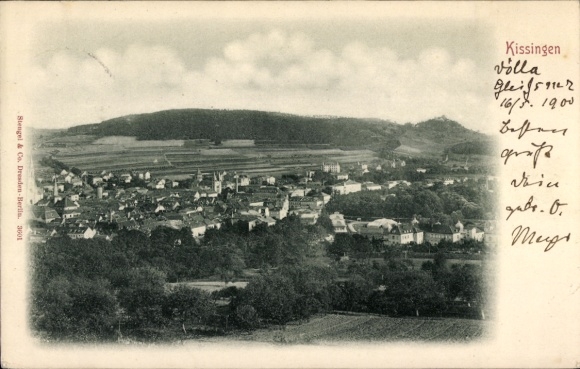 PC Bad Kissingen Lower Franconia Bavaria, black and white picture of hill in the background, text on the K