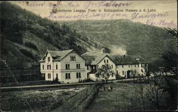 Postcard Bad Nassau an der Lahn, children&#39;s home Langau, post and train station