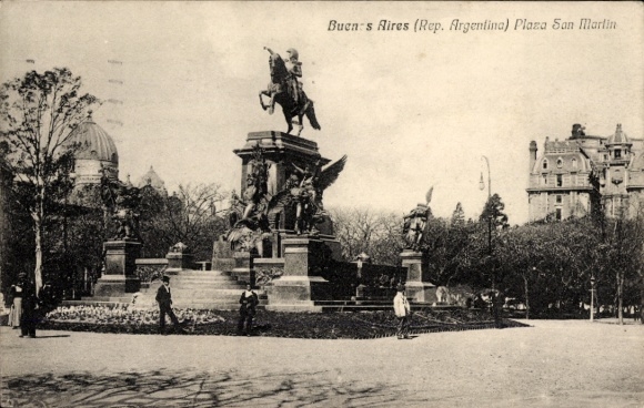 Postcard Buenos Aires Argentina, equestrian statue, Plaza San Martin, trees, people, monument