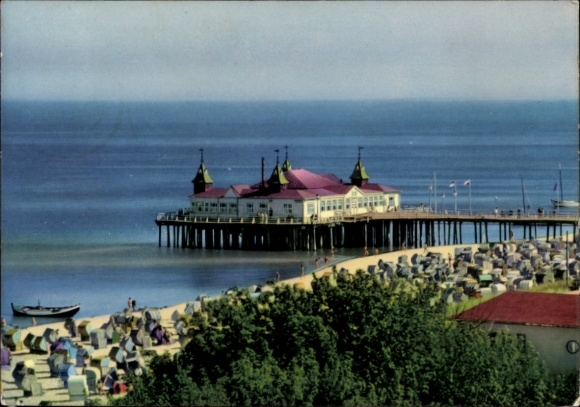Postcard Ostseebad Ahlbeck on Usedom, beach café, pier, beach chairs