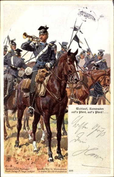 Song Artist Postcard Well done comrades, on horseback, German soldiers in uniforms, Ulan