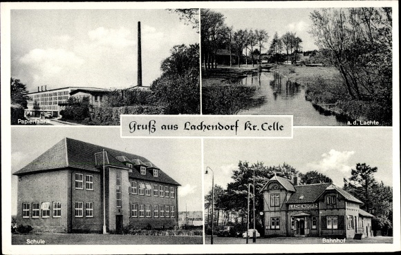 Postcard Lachendorf in Lower Saxony, train station, school, paper mill, station restaurant