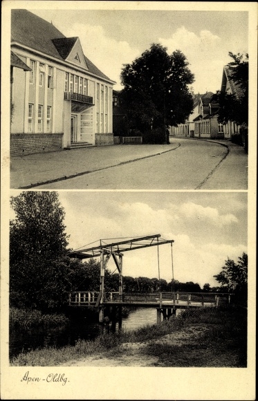 Postcard Apen in Oldenburg Ammerland, street section, bridge