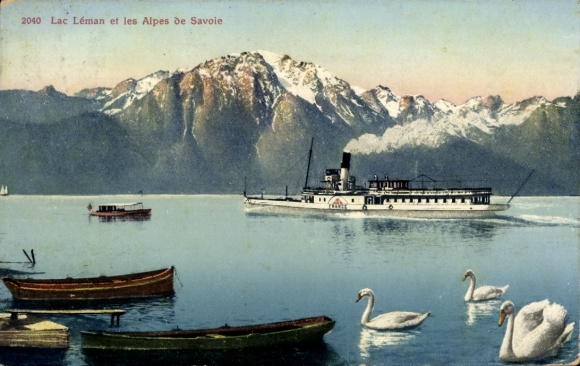 Postcard Lake Geneva, Lac Leman, saloon steamer France, swans