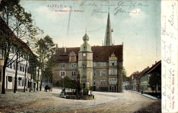 Postcard Alfeld an der Leine, market square with town hall, s building, horse-drawn carriage