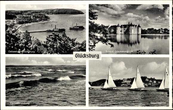 Postcard Glücksburg on the Baltic Sea, castle, sailing regatta, surf