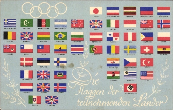 Postcard Olympia Berlin 1936, flags of the participating countries