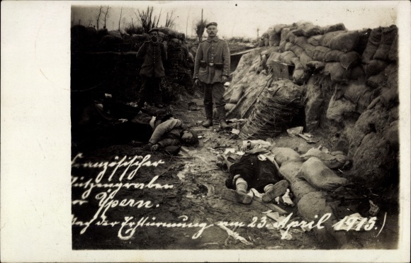 Photo Postcard Ypres West Flanders, German soldiers in uniforms, fallen Frenchmen, trenches
