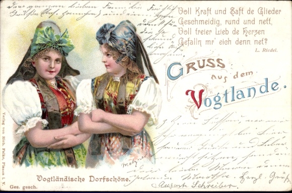 Chromo-Litho Vogtland village beauty, women in folk costumes