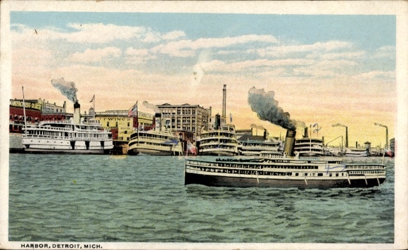 Ansichtkaart Detroit Michigan USA, havengezicht, stoomschepen, gekleurde illustratie, kalm wateroppervlak