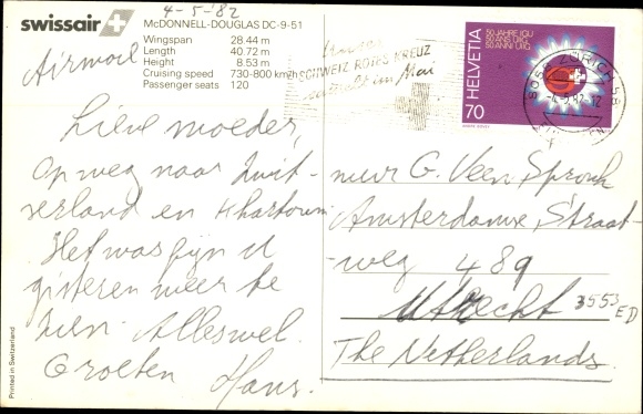 Postcard Swiss passenger aircraft, Swissair, McDonnell Douglas DC-51