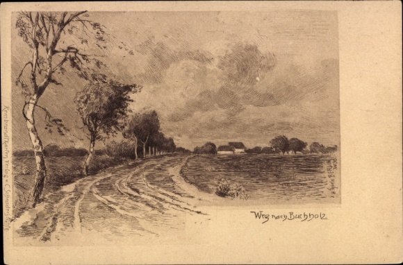 Ak Buchholz in der Nordheide, landschap met pad naar bomen, wolken, huis