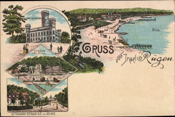 Litho Insel Rügen, Gesamtansicht, Strand, Jagdschloss, Strandstraße