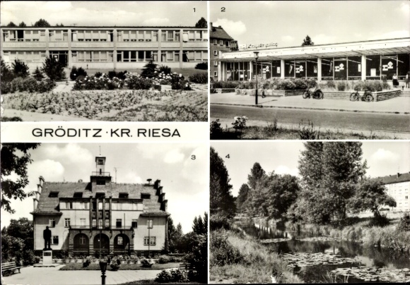 Ak Gröditz in Sachsen, Oberschule, HO Kaufhalle, Rathaus, Kanal
